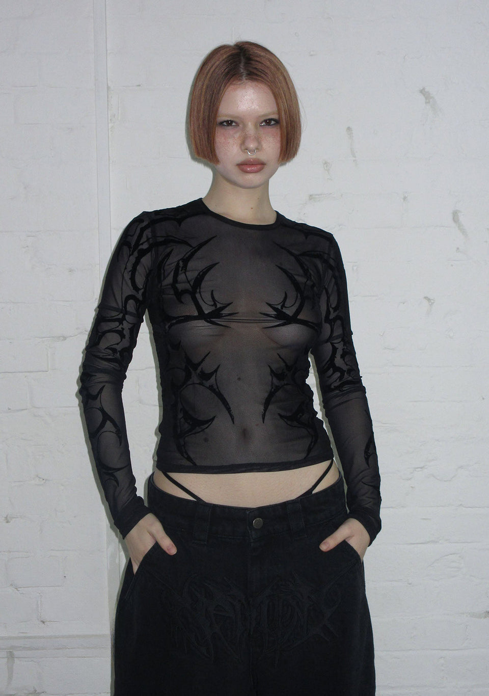 CRASH SHEER MESH LONG SLEEVE TOP BLACK