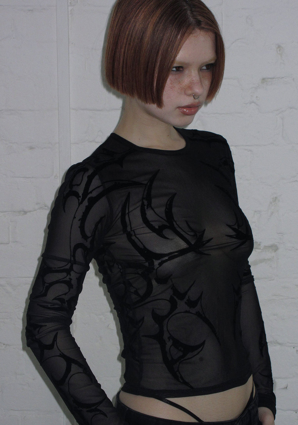 CRASH SHEER MESH LONG SLEEVE TOP BLACK