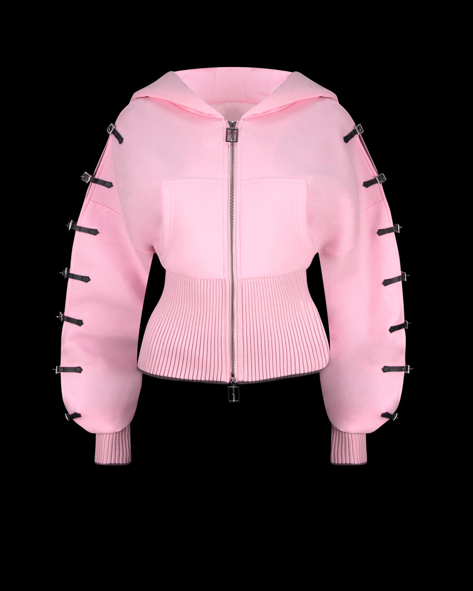 CRUSH BUCKLE FITTED WAIST ZIP HOODIE BABY PINK