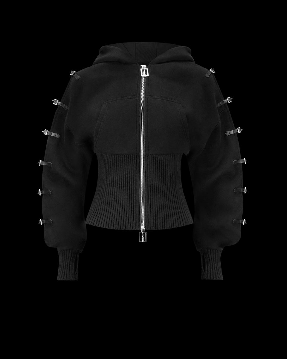 Crush buckle fitted waist zip hoodie black with stylish buckle details and a cozy hood