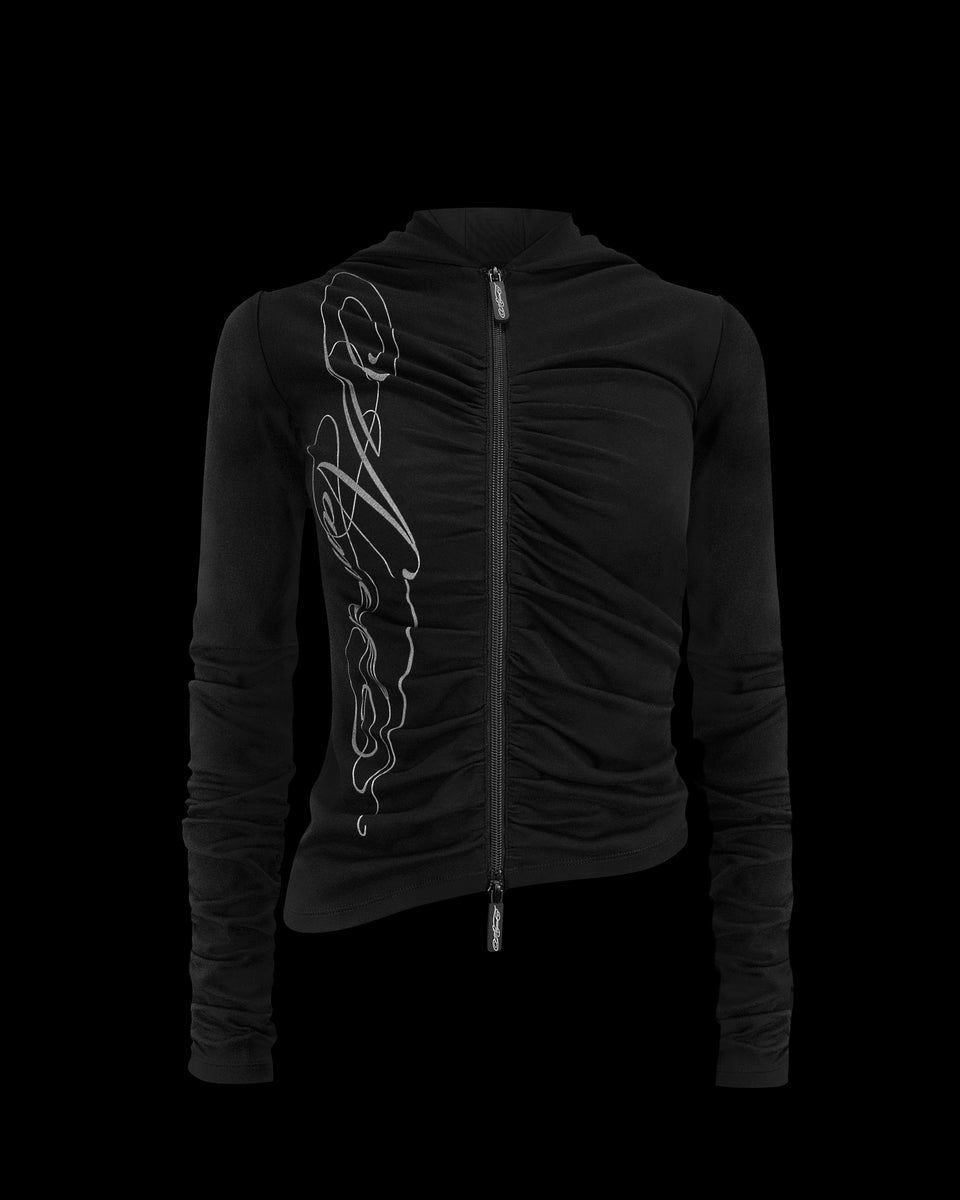 Crush sculpt stretch drape hoodie black displayed on a black background.