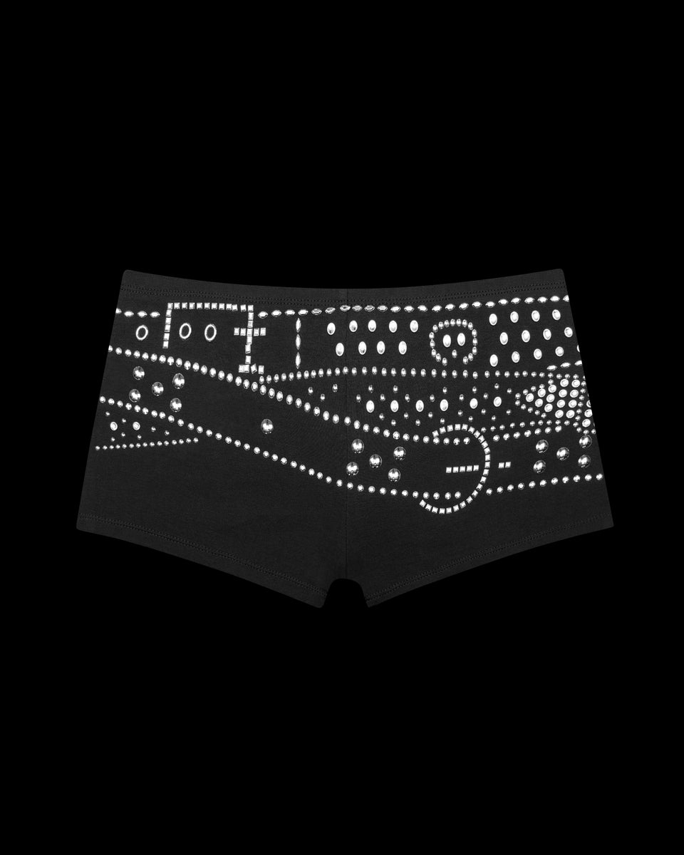 Crush studded belt micro hotpant shorts black displayed on a black background.