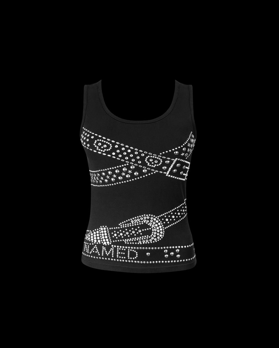 Crush studded belt tank top black displayed on a black background. 