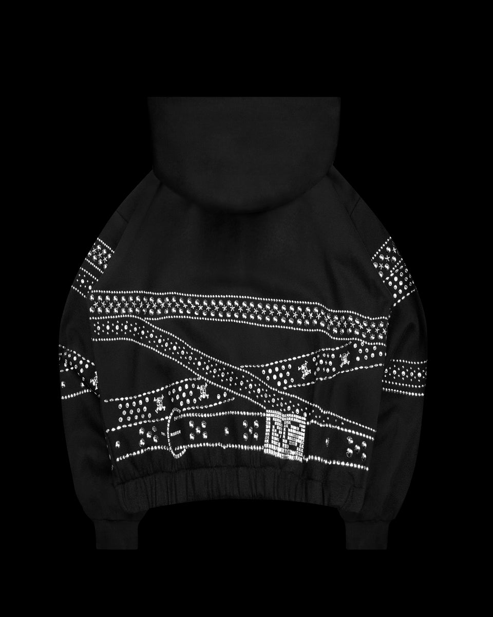 Crush studded belt zip hoodie black back view displayed on black background.