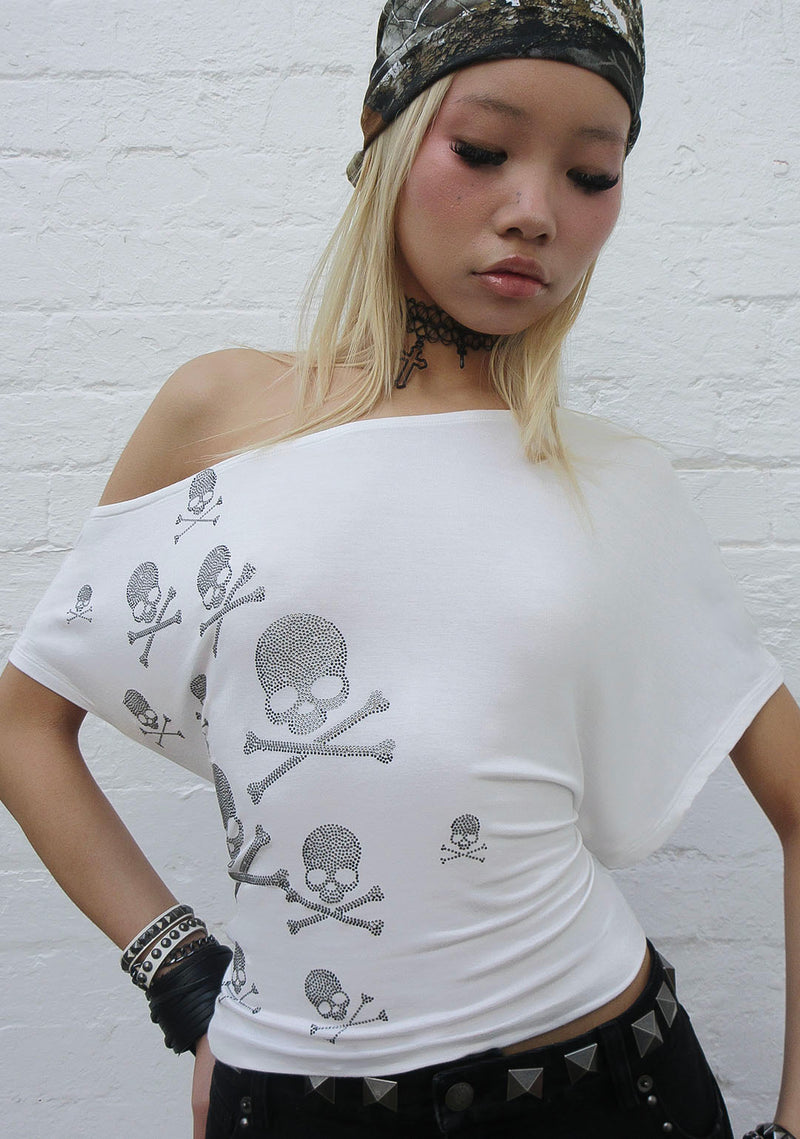 CRYPTIC RHINESTONE OFF THE SHOULDER TOP WHITE