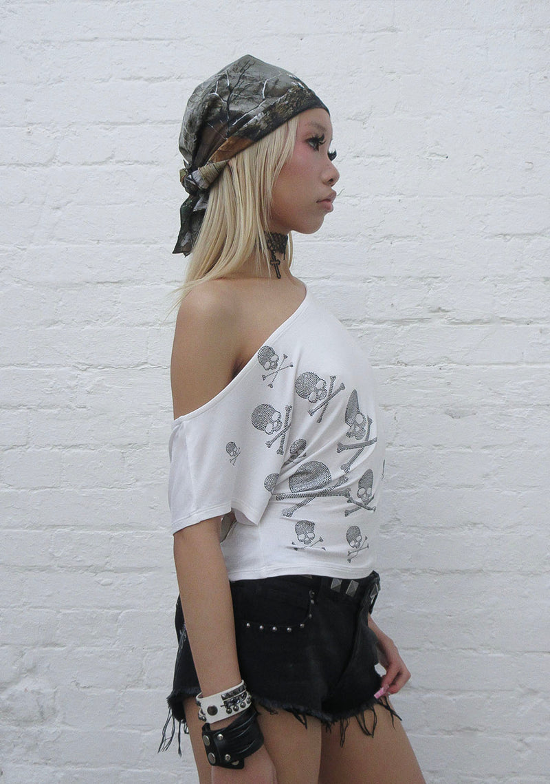 CRYPTIC RHINESTONE OFF THE SHOULDER TOP WHITE
