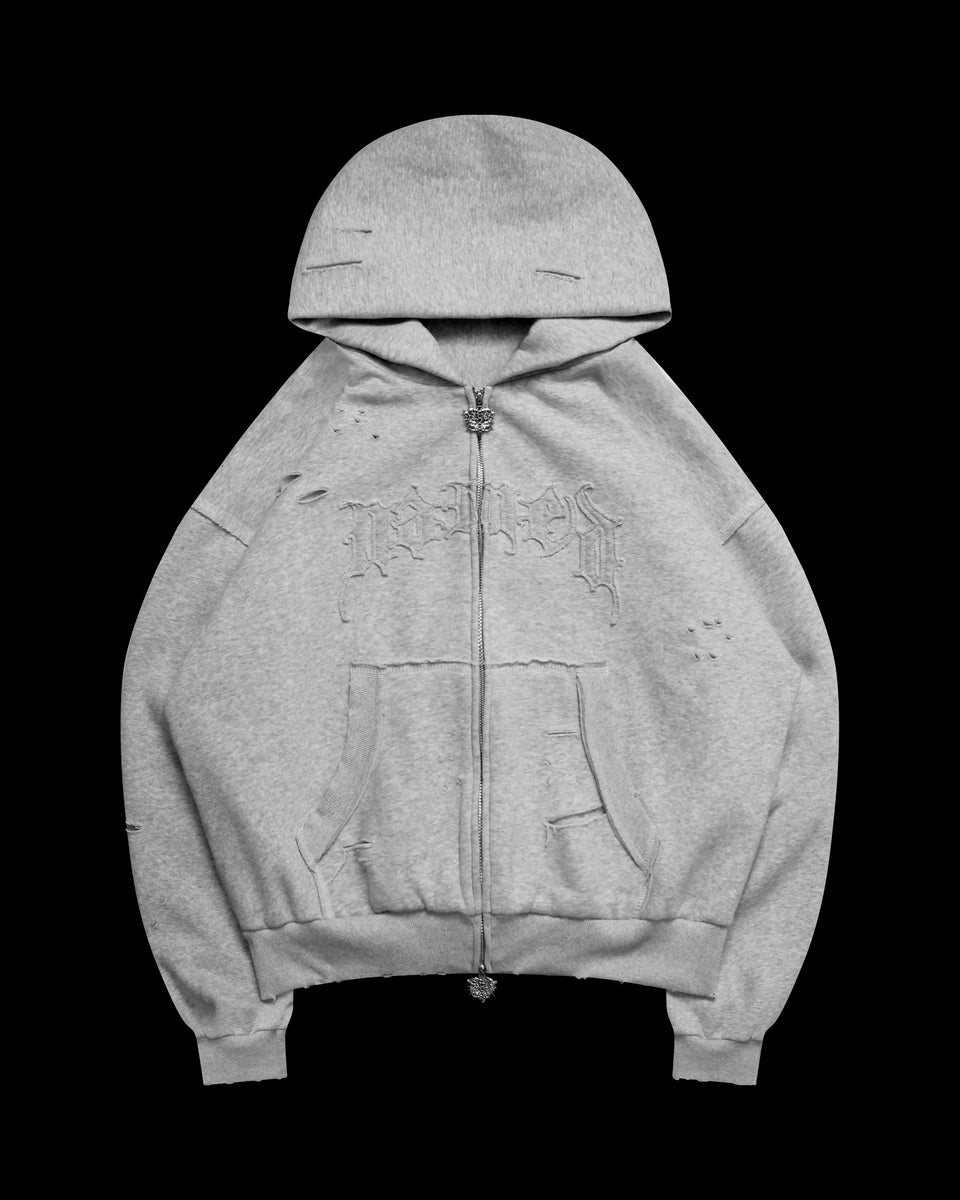 CURSE DISTRESSED ZIP HOODIE GREY MARL