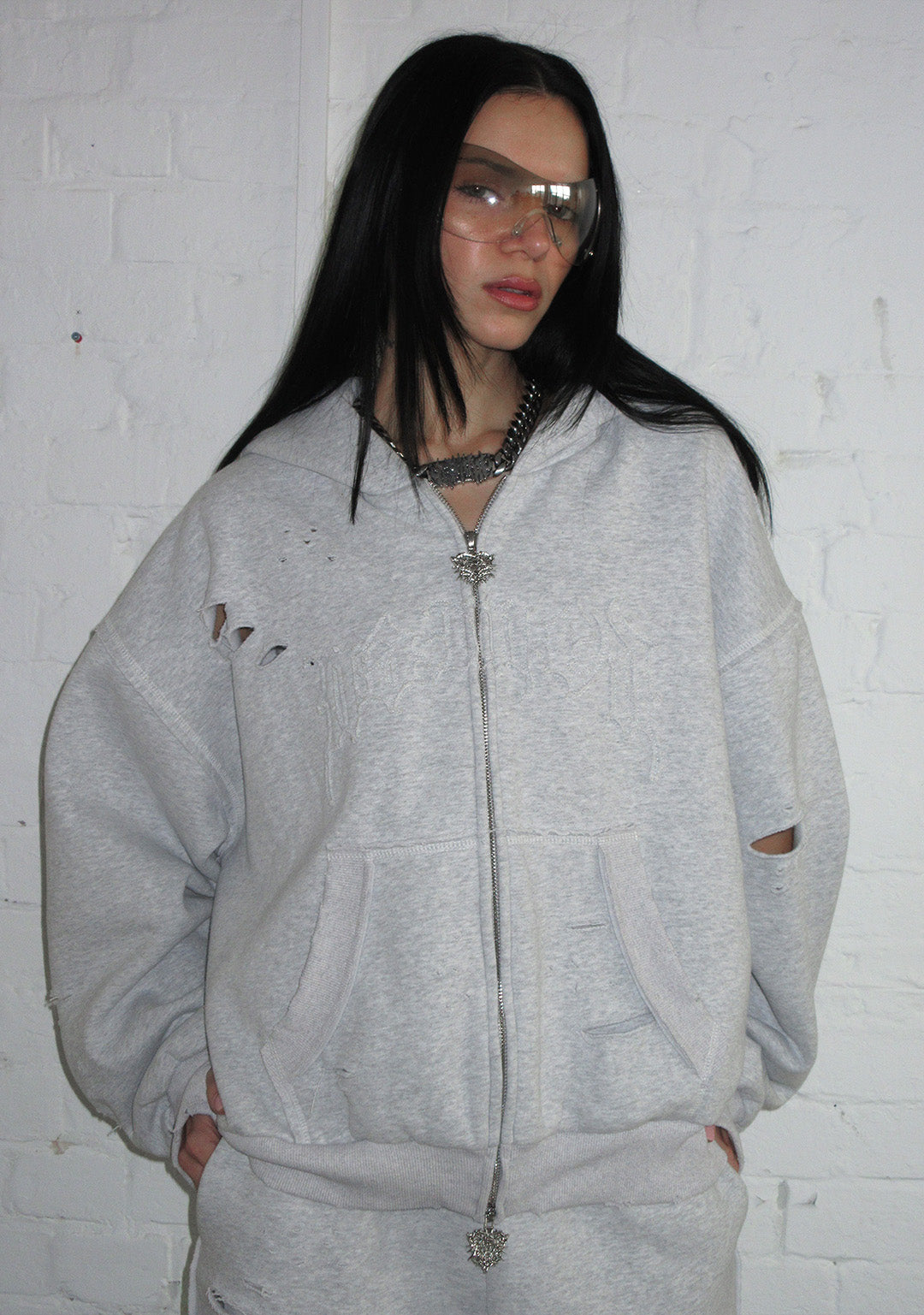 CURSE DISTRESSED ZIP HOODIE GREY MARL