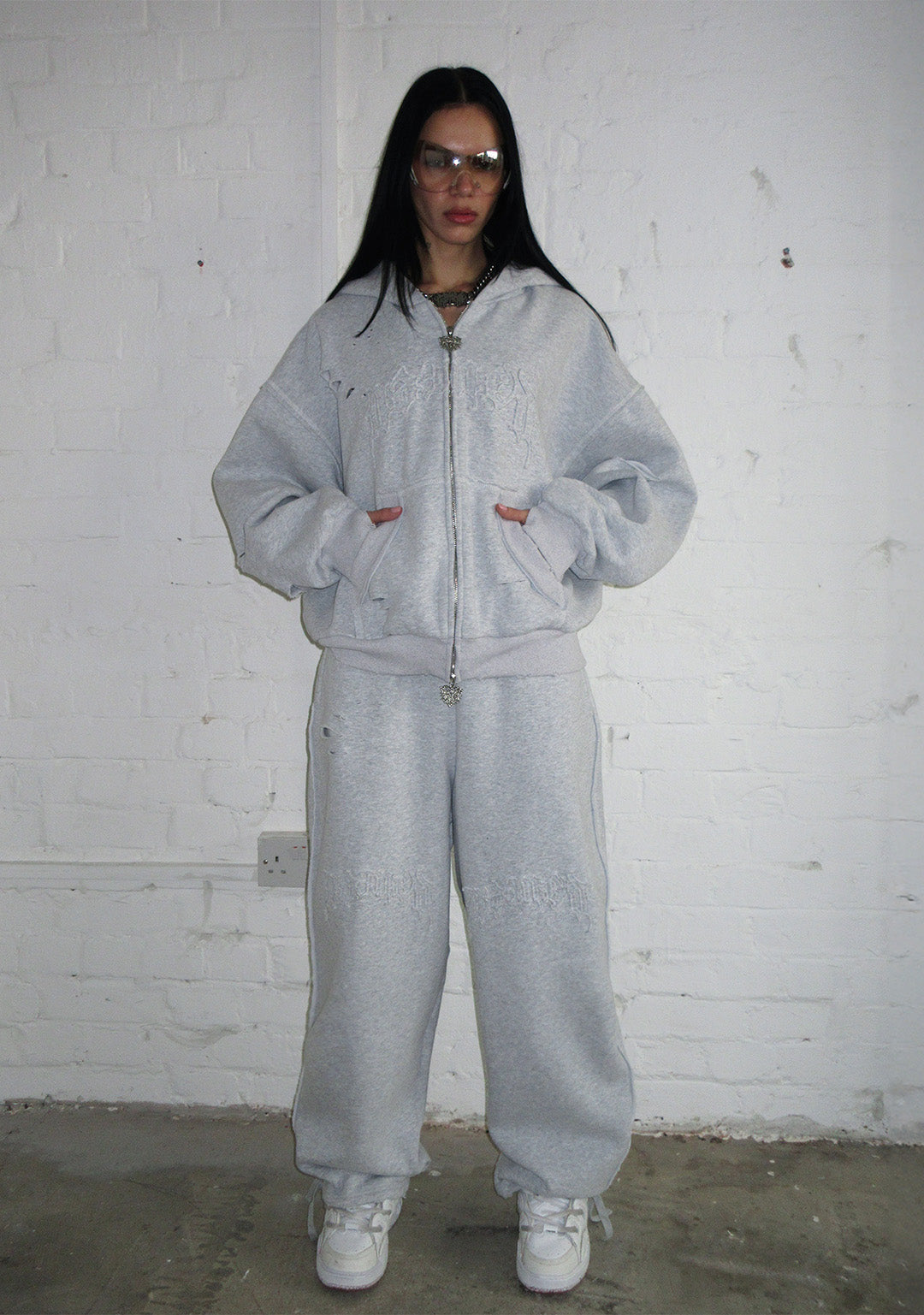 CURSE DISTRESSED ZIP HOODIE GREY MARL