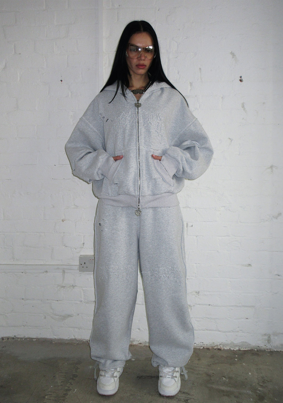 CURSE DISTRESSED ZIP HOODIE GREY MARL
