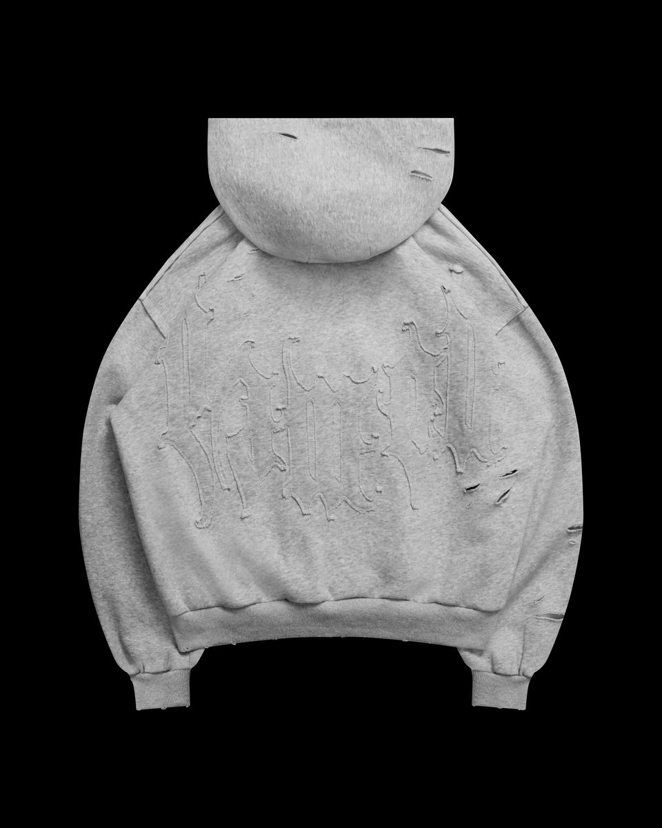 CURSE DISTRESSED ZIP HOODIE GREY MARL