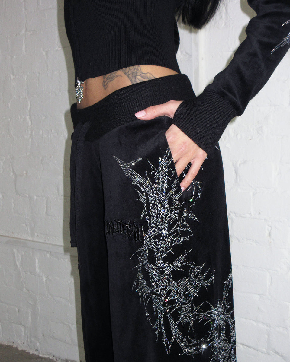 CURSE RHINESTONE VELOUR SWEATPANTS BLACK