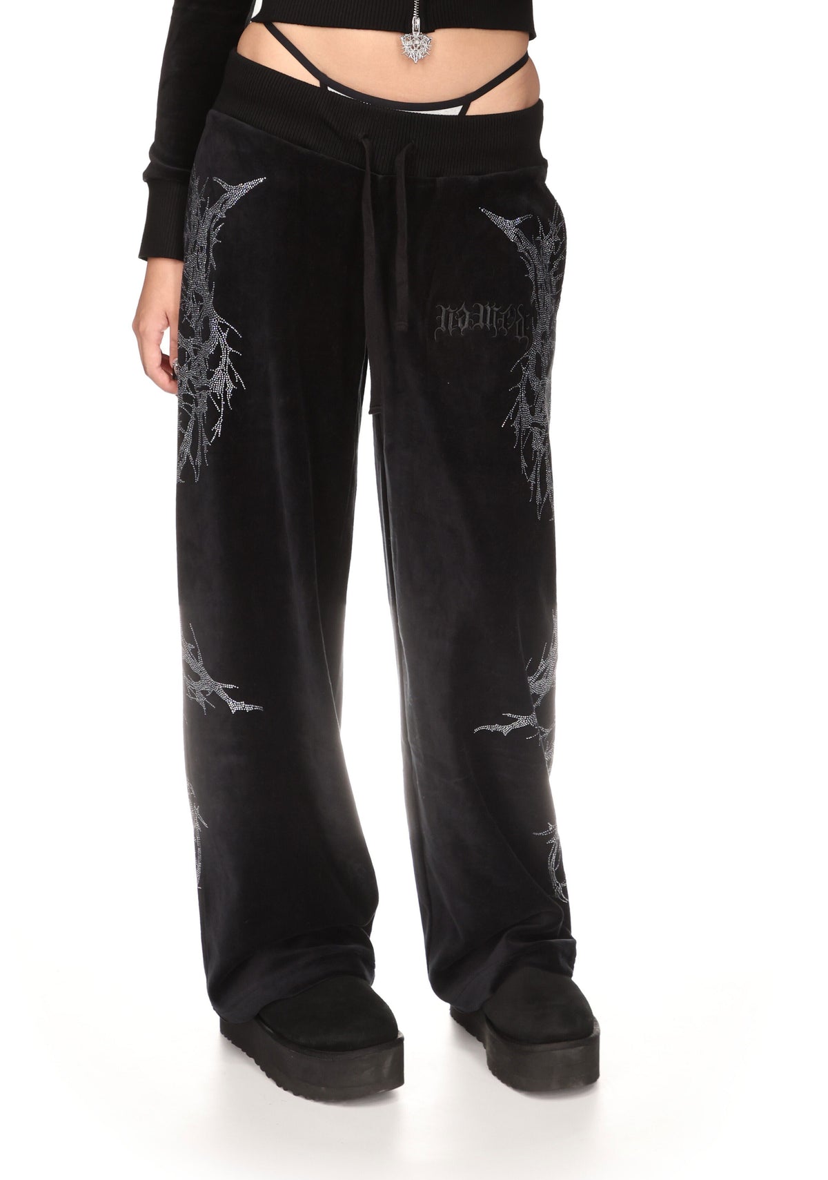 CURSE RHINESTONE VELOUR SWEATPANTS BLACK