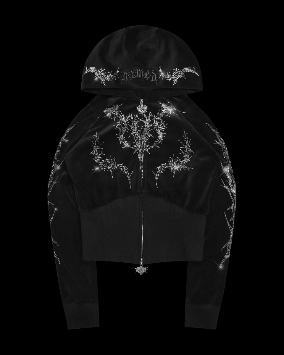 CURSE RHINESTONE VELOUR ZIP HOODIE BLACK