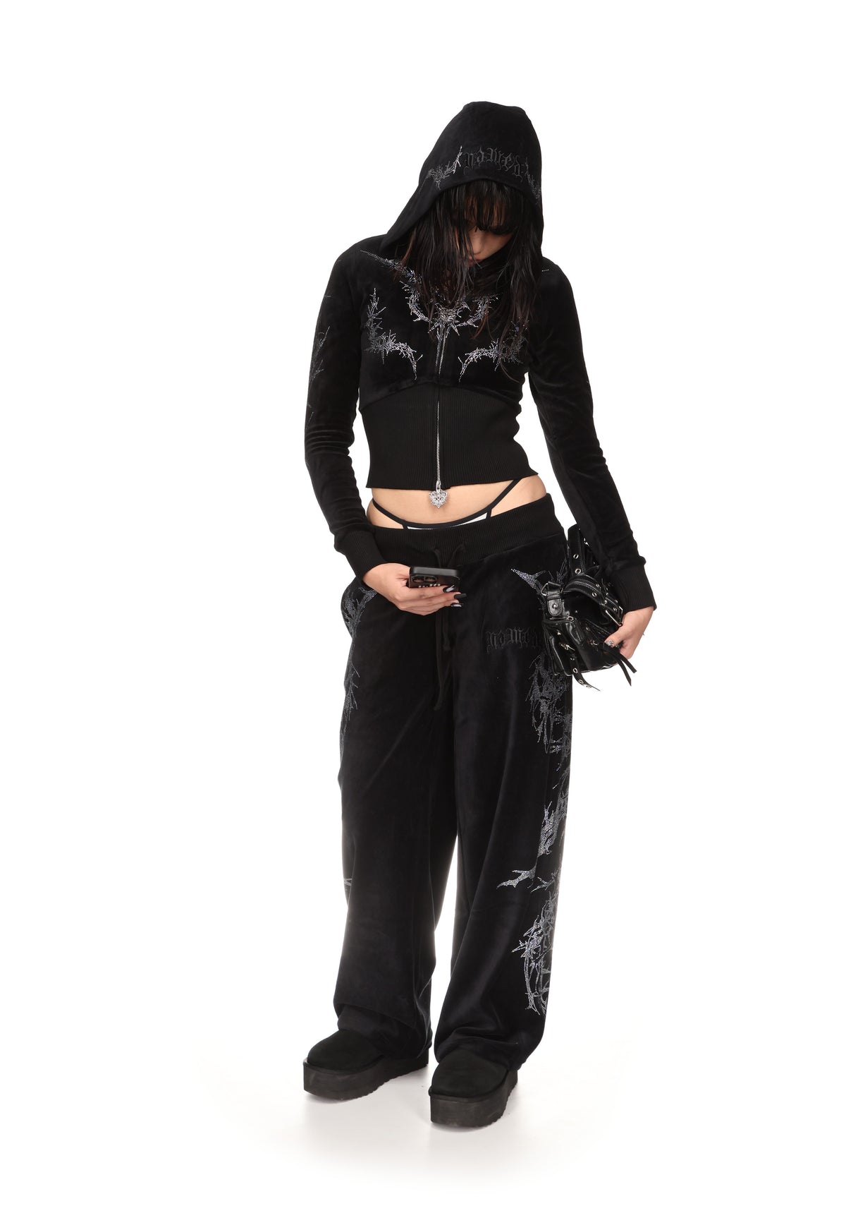 CURSE RHINESTONE VELOUR ZIP HOODIE BLACK