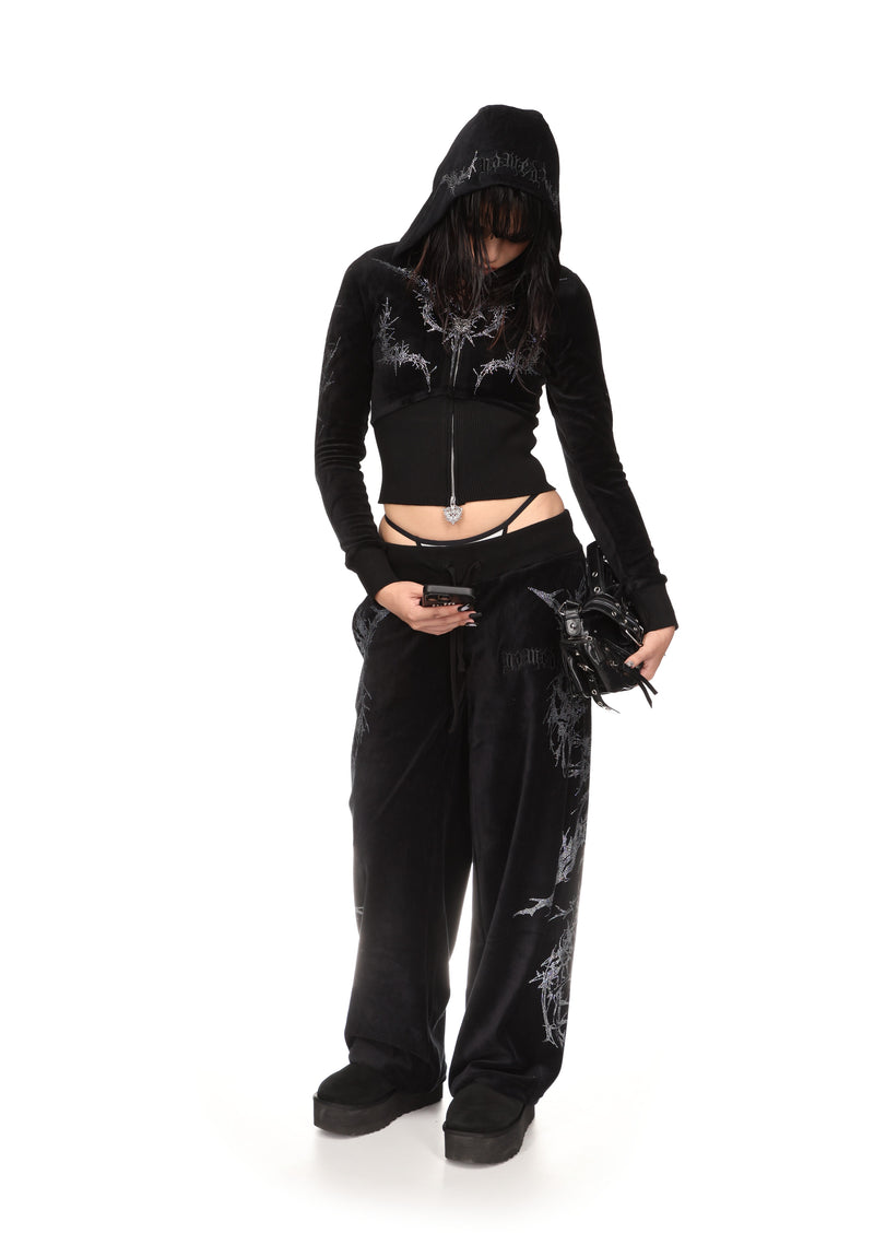 CURSE RHINESTONE VELOUR ZIP HOODIE BLACK