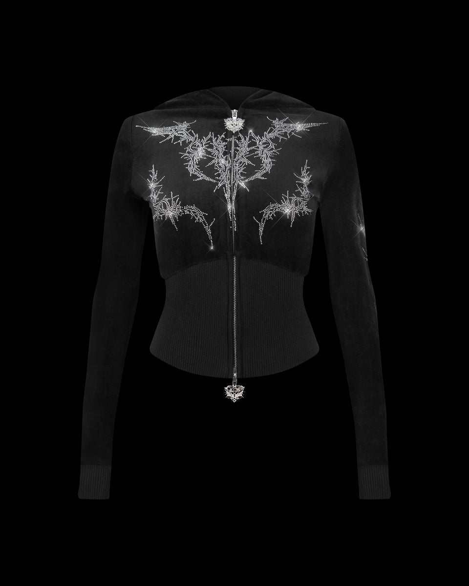 CURSE RHINESTONE VELOUR ZIP HOODIE BLACK