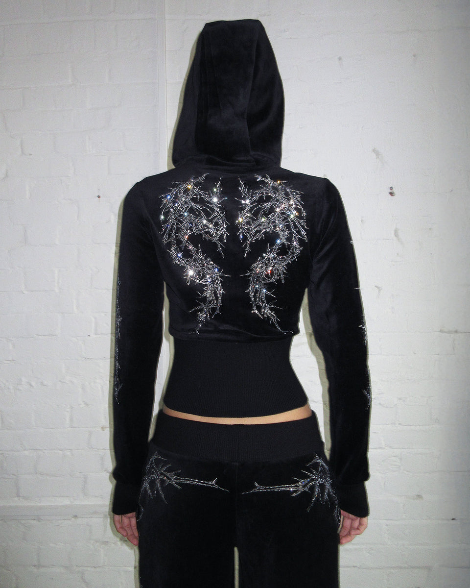 CURSE RHINESTONE VELOUR ZIP HOODIE BLACK