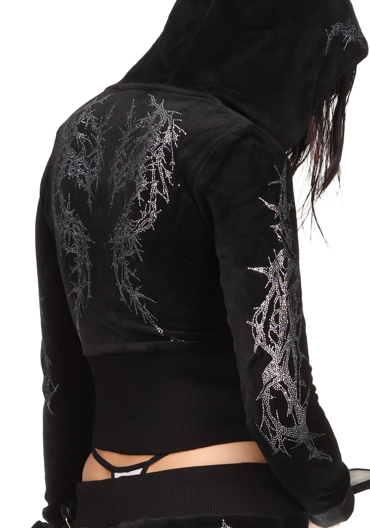CURSE RHINESTONE VELOUR ZIP HOODIE BLACK