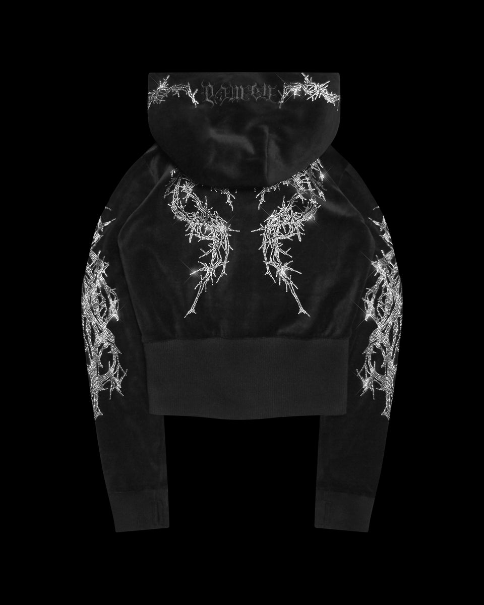 CURSE RHINESTONE VELOUR ZIP HOODIE BLACK