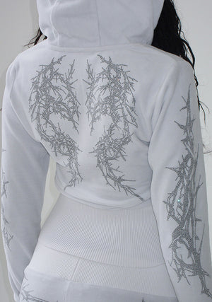 CURSE RHINESTONE VELOUR ZIP HOODIE SALT