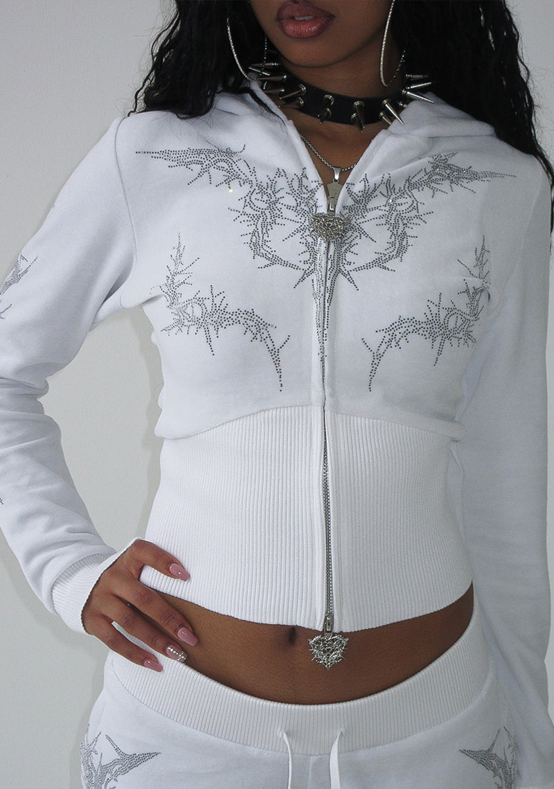CURSE RHINESTONE VELOUR ZIP HOODIE SALT