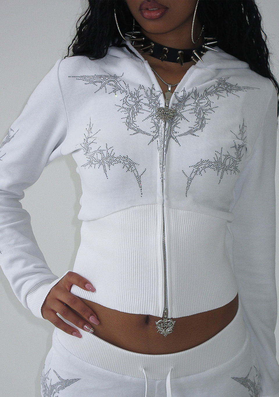CURSE RHINESTONE VELOUR ZIP HOODIE SALT