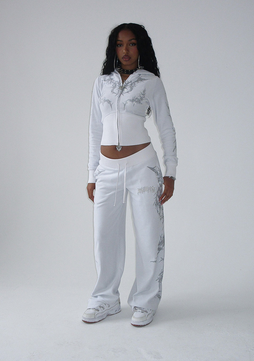 CURSE RHINESTONE VELOUR ZIP HOODIE SALT