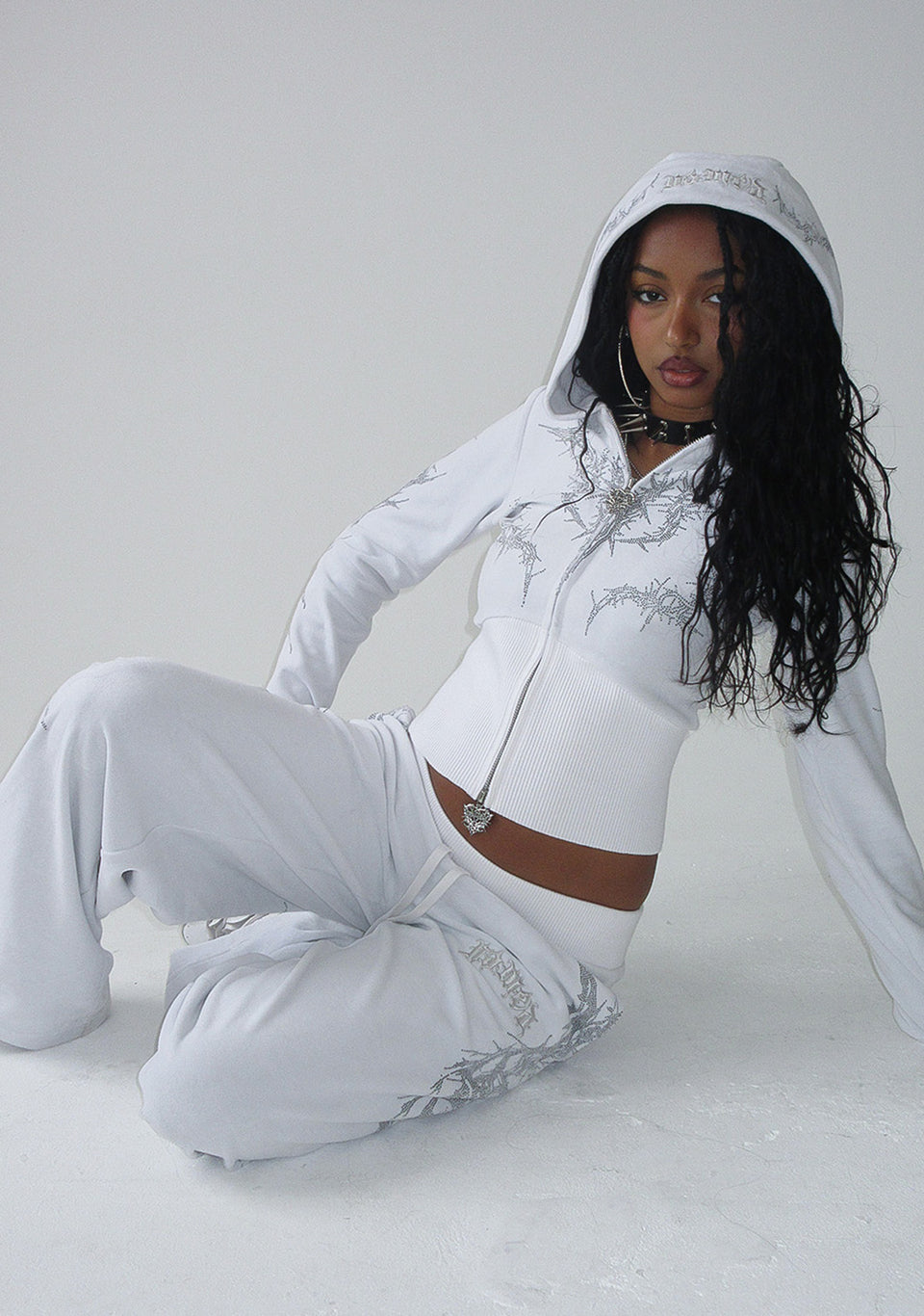 CURSE RHINESTONE VELOUR ZIP HOODIE SALT