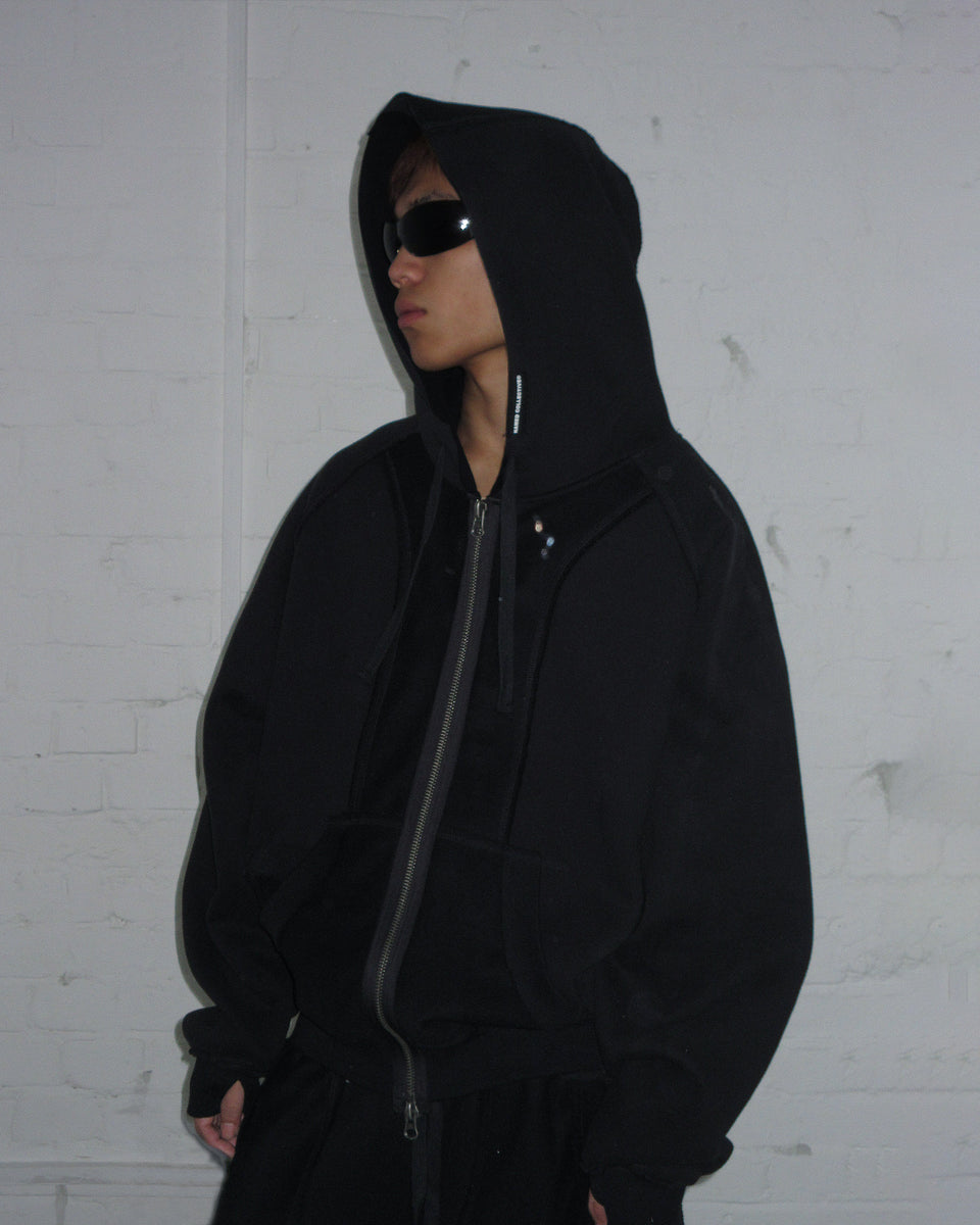 DECONSTRUCTED ZIP HOODIE JET BLACK