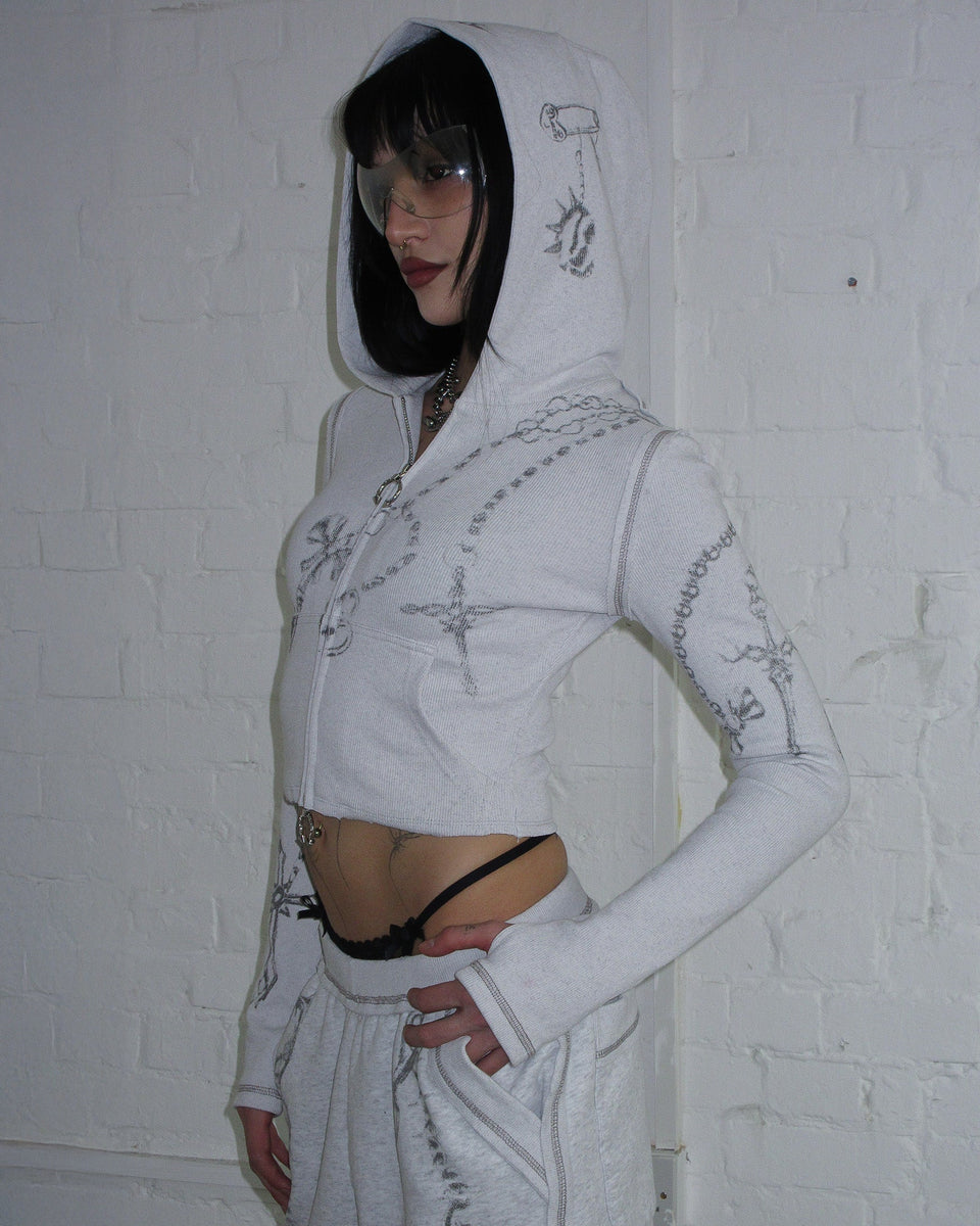 DESTROY CROPPED FITTED RIB ZIP HOODIE GREY MARL