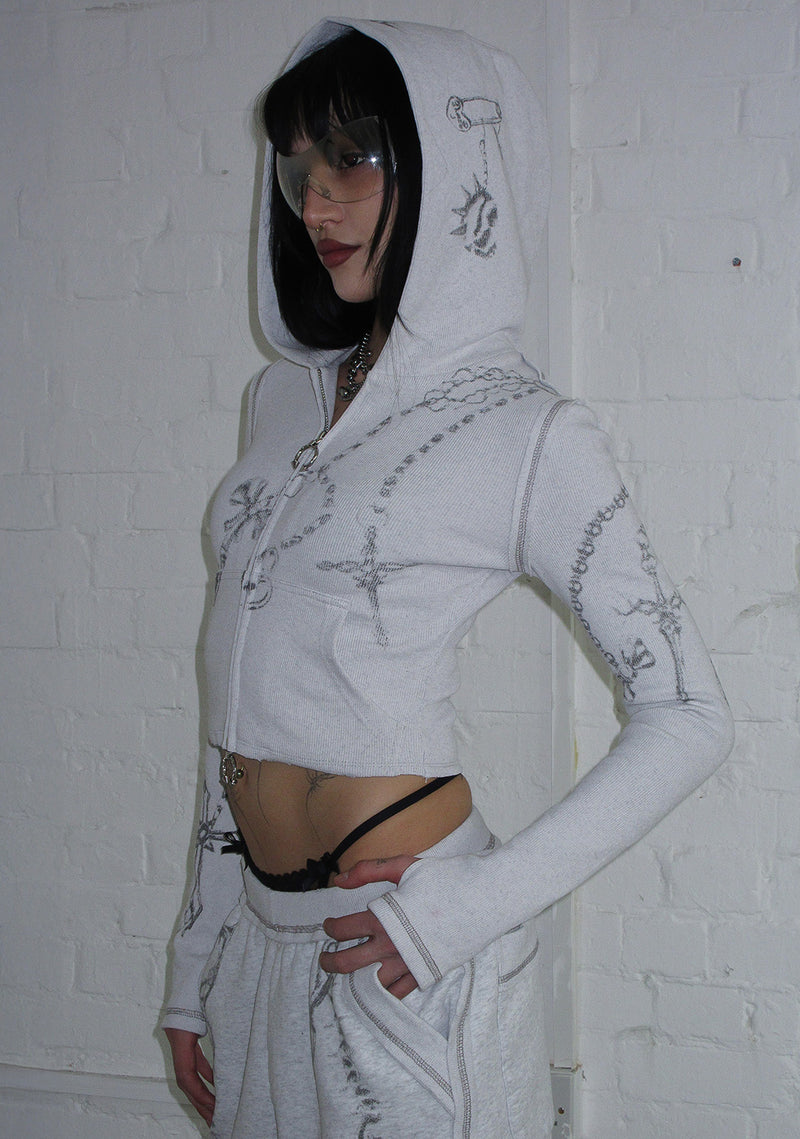 DESTROY CROPPED FITTED RIB ZIP HOODIE GREY MARL