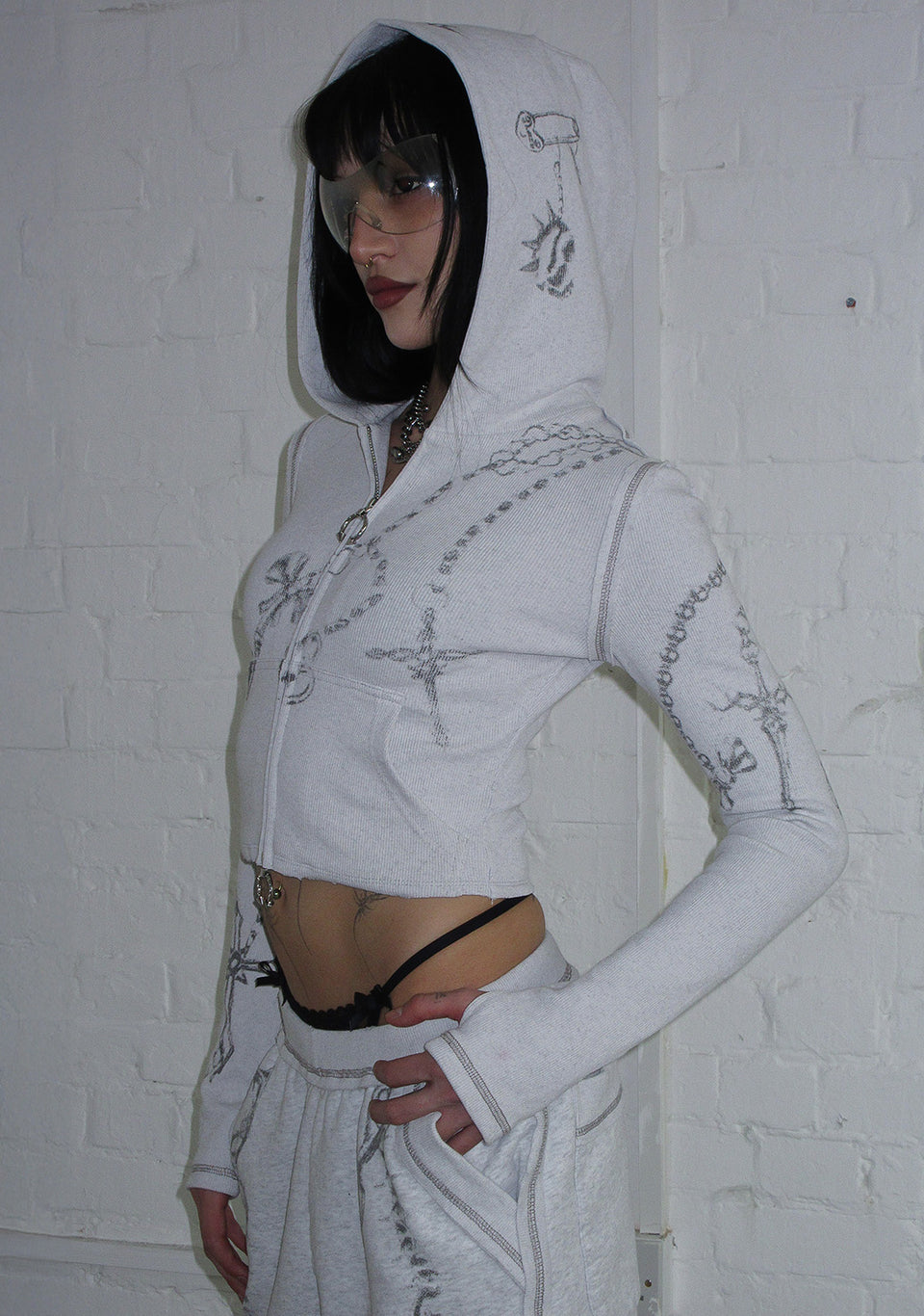 DESTROY CROPPED FITTED RIB ZIP HOODIE GREY MARL