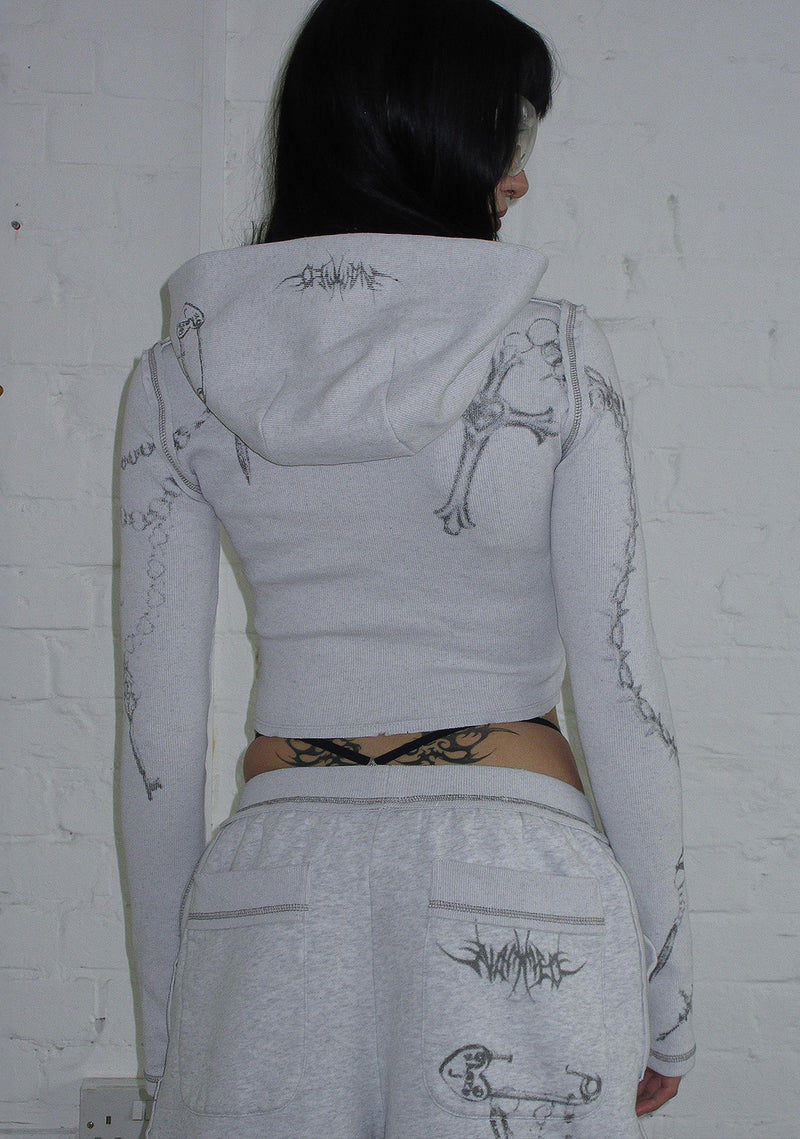 DESTROY CROPPED FITTED RIB ZIP HOODIE GREY MARL