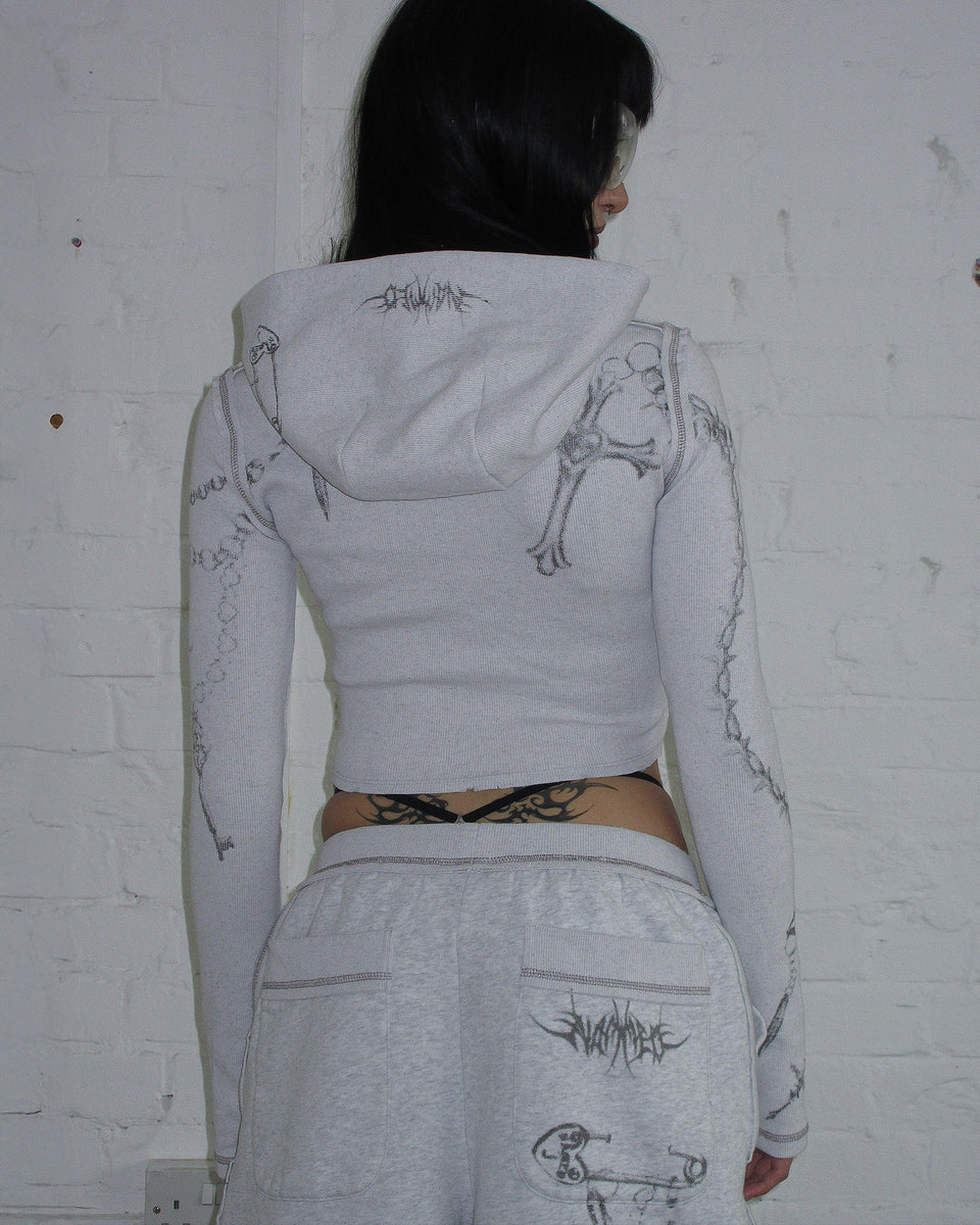 DESTROY CROPPED FITTED RIB ZIP HOODIE GREY MARL