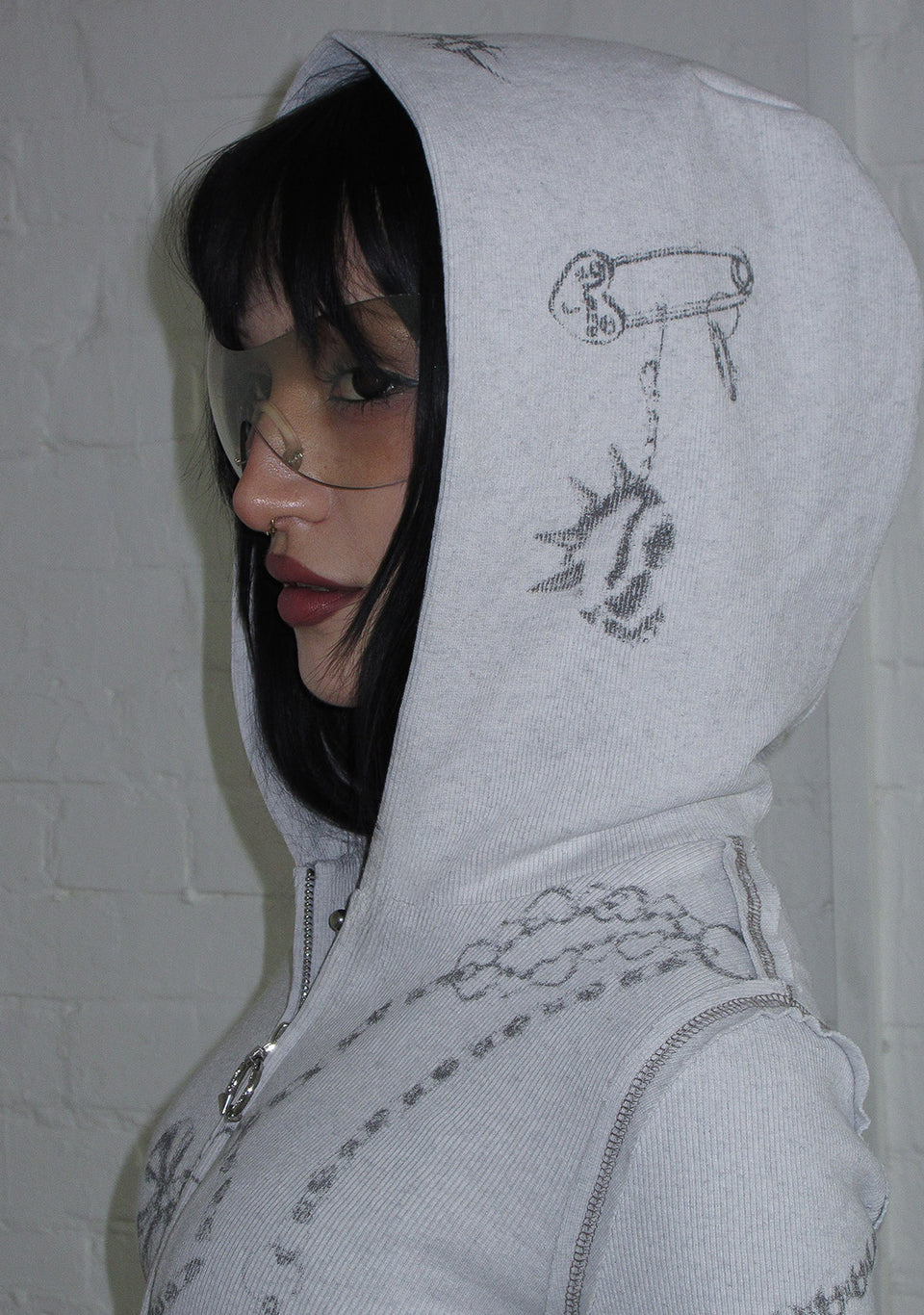 DESTROY CROPPED FITTED RIB ZIP HOODIE GREY MARL