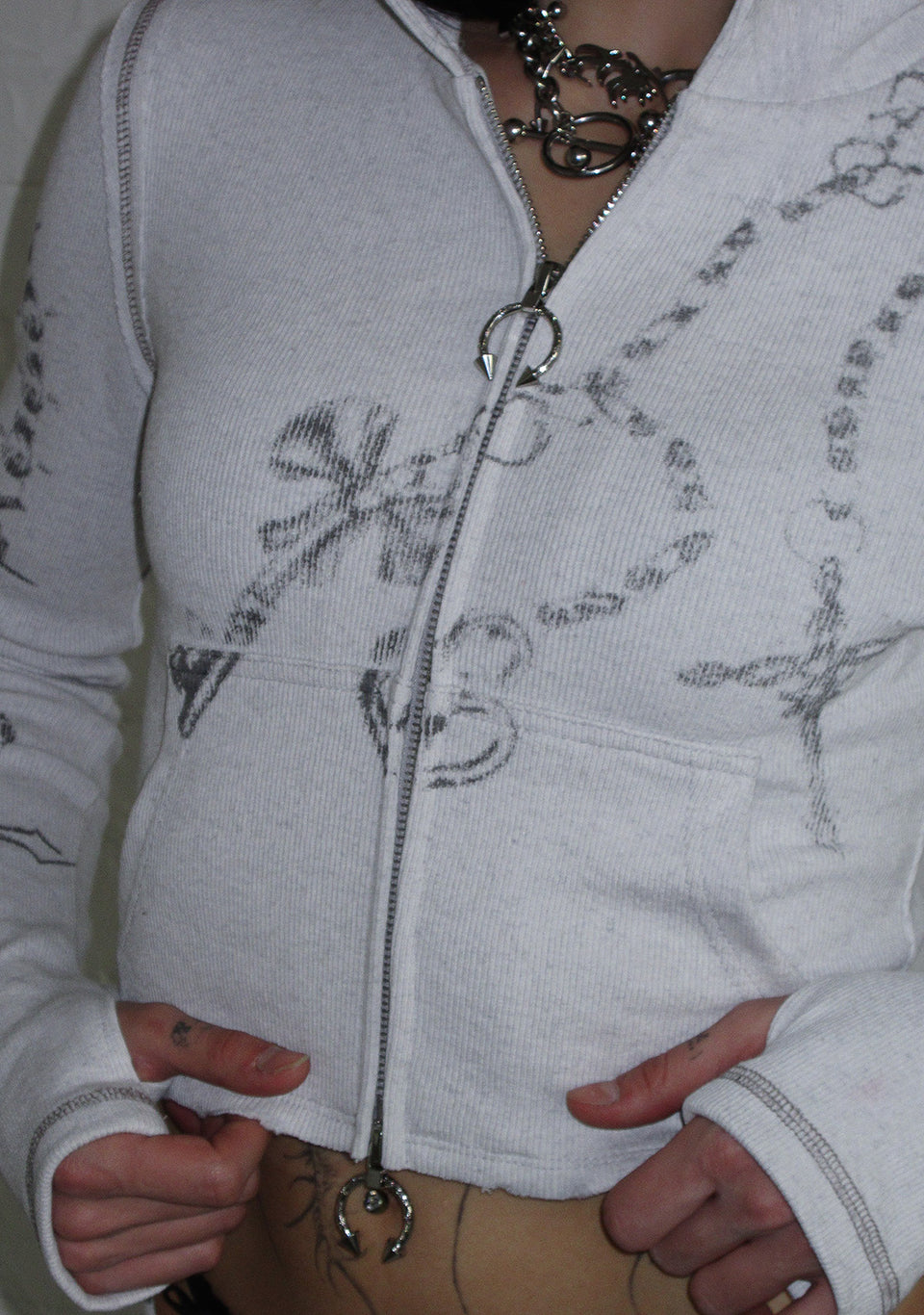 DESTROY CROPPED FITTED RIB ZIP HOODIE GREY MARL