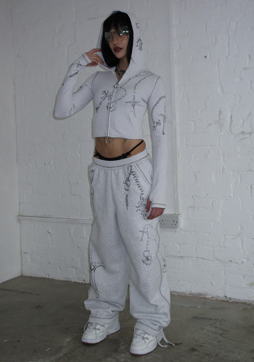 DESTROY CROPPED FITTED RIB ZIP HOODIE GREY MARL