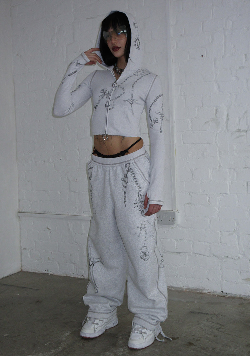 DESTROY CROPPED FITTED RIB ZIP HOODIE GREY MARL