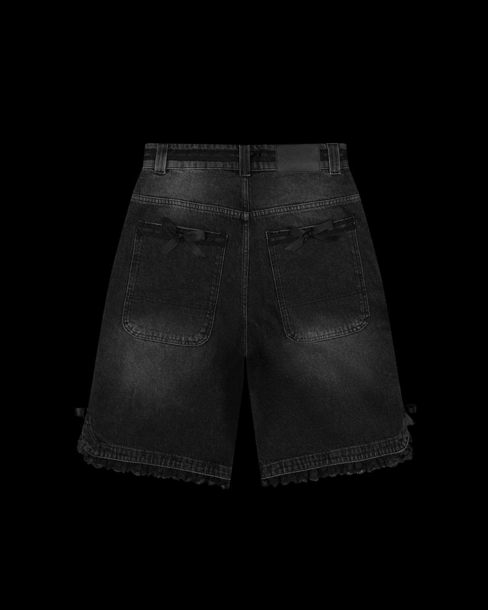 DESTROY LACE RIBBON JORTS BLACK VINTAGE WASH