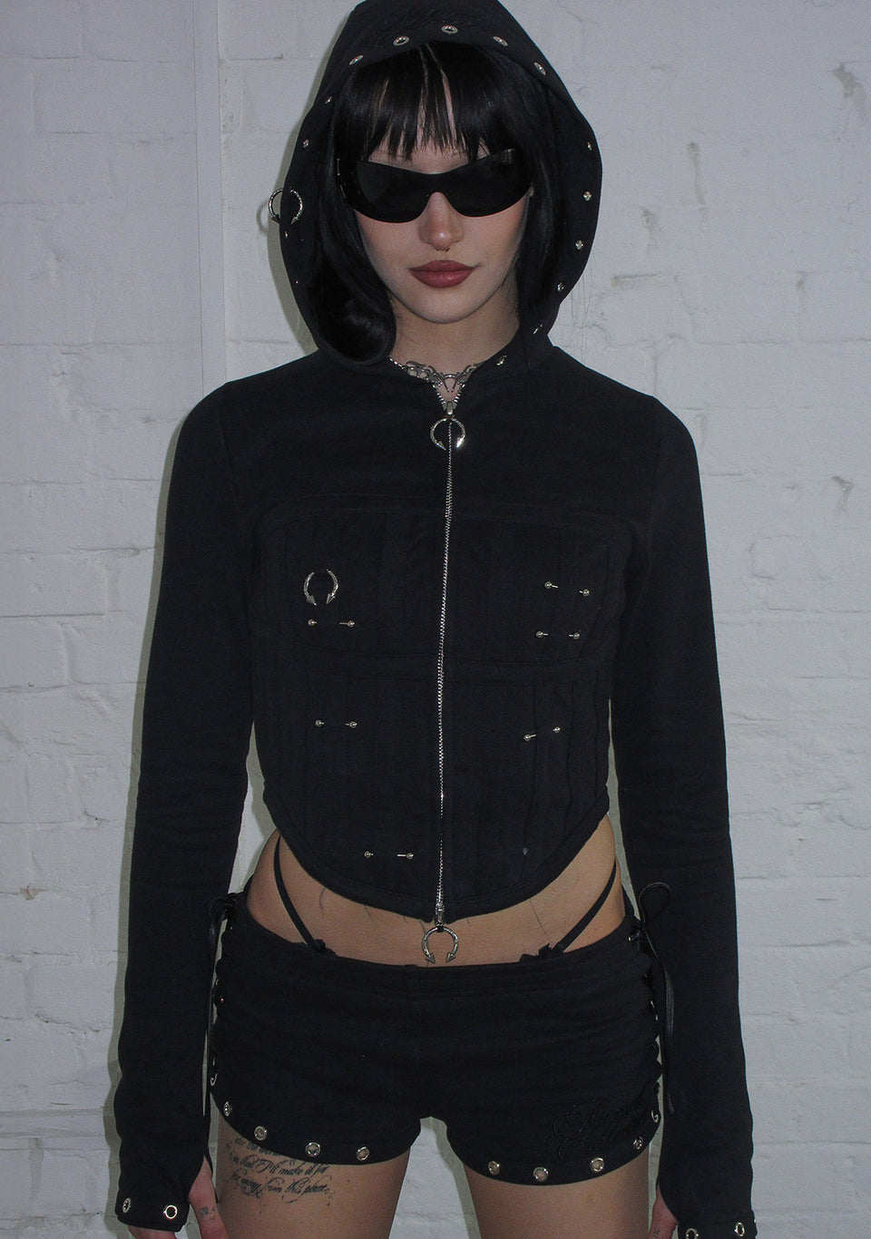DESTROY PIERCED CORSET ZIP HOODIE BLACK