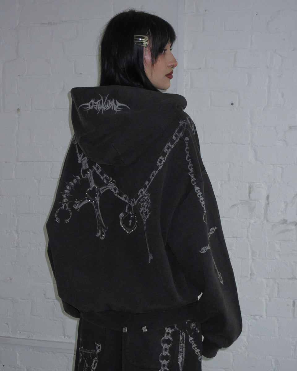 DESTROY STUDDED ZIP HOODIE BLACK VINTAGE WASH