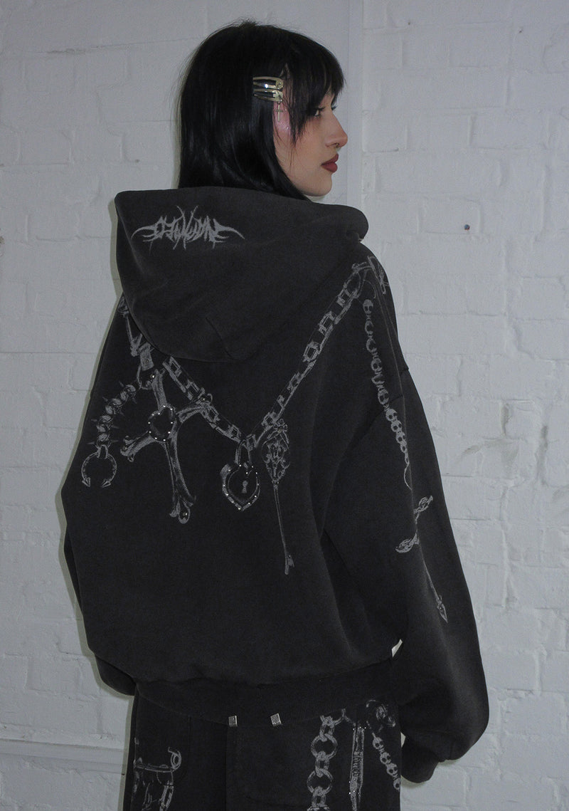 DESTROY STUDDED ZIP HOODIE BLACK VINTAGE WASH