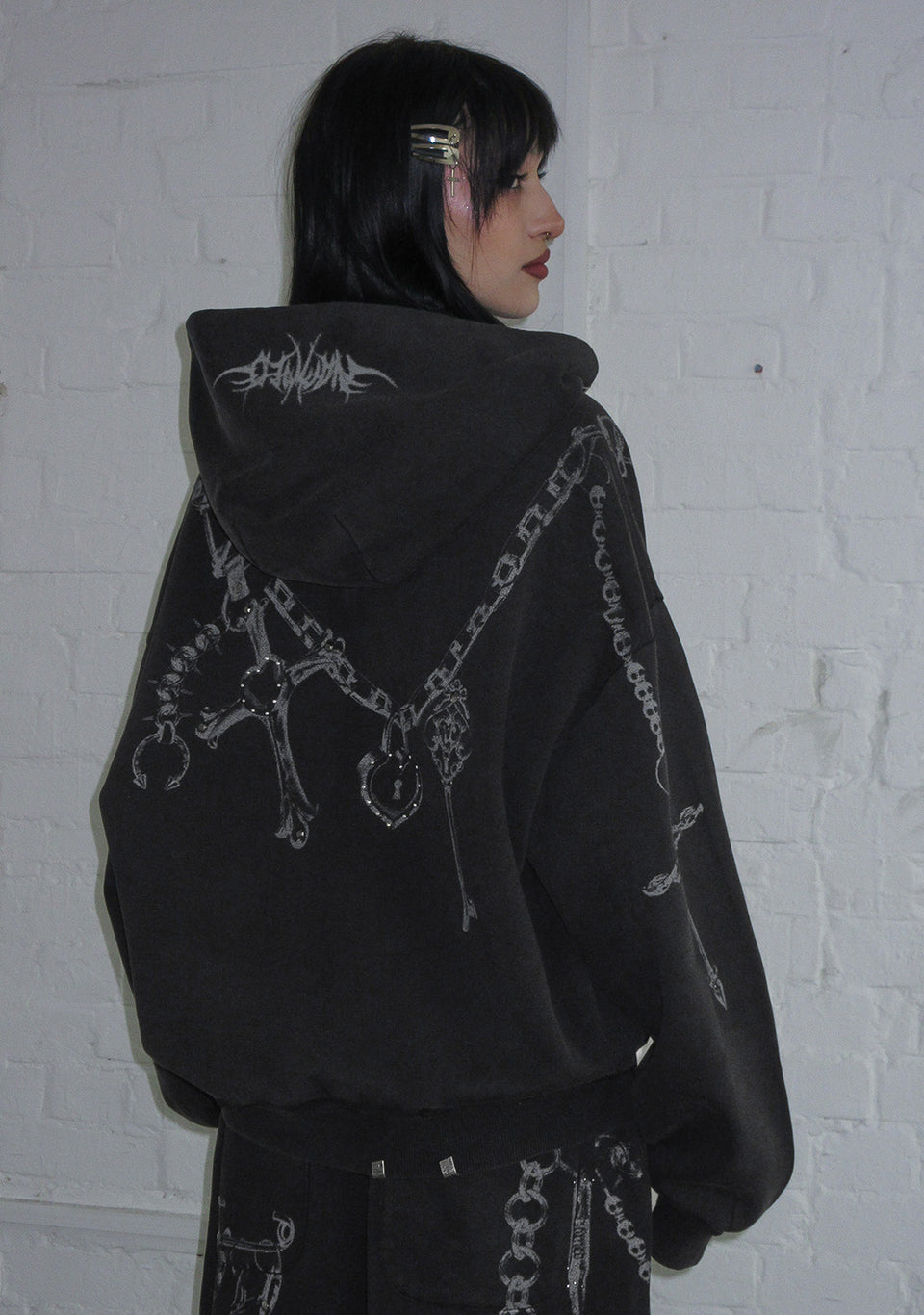 DESTROY STUDDED ZIP HOODIE BLACK VINTAGE WASH