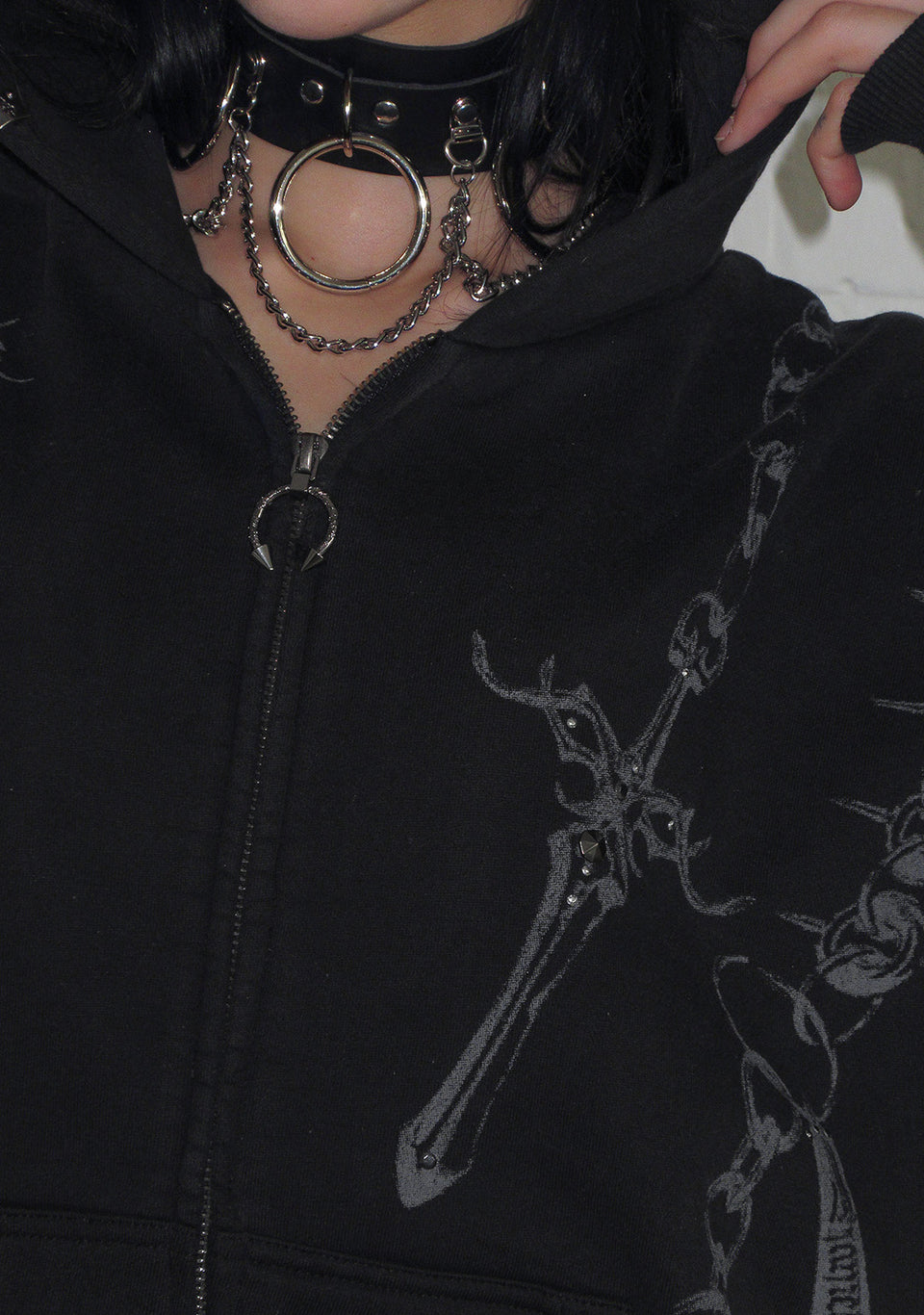 DESTROY STUDDED ZIP HOODIE BLACK VINTAGE WASH