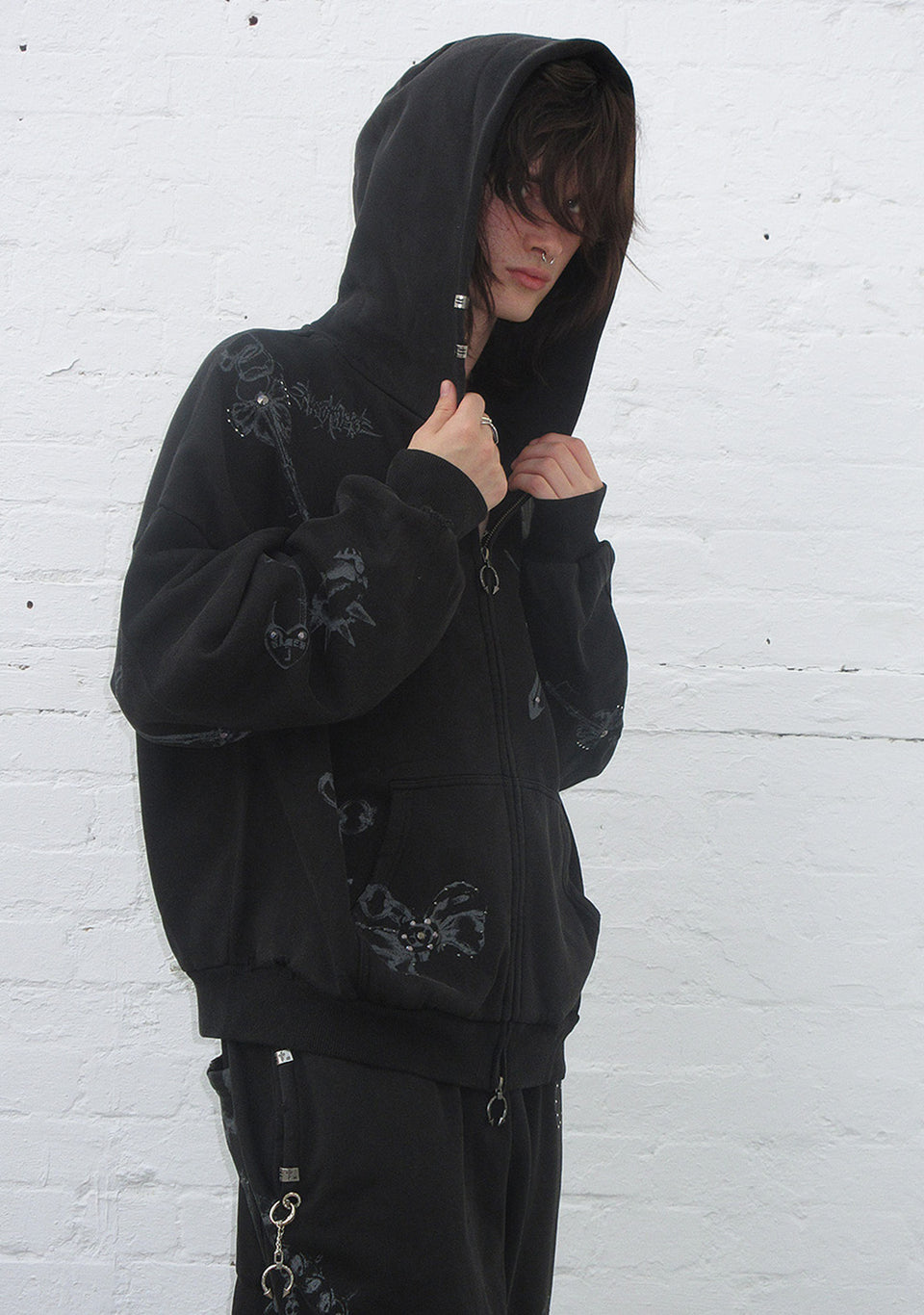 DESTROY STUDDED ZIP HOODIE BLACK VINTAGE WASH