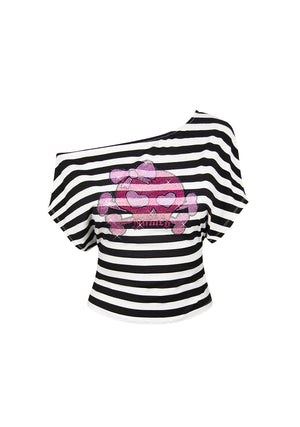 DILEMMA RHINESTONE OFF THE SHOULDER TOP BLACK STRIPE