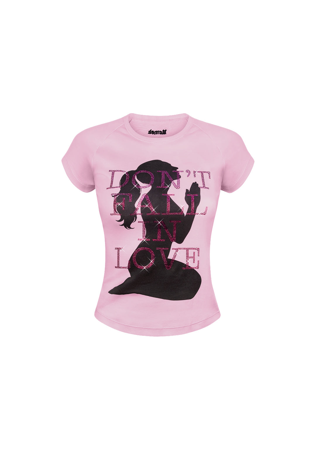 DON'T FALL IN LOVE RHINESTONE BABY TEE BABY PINK