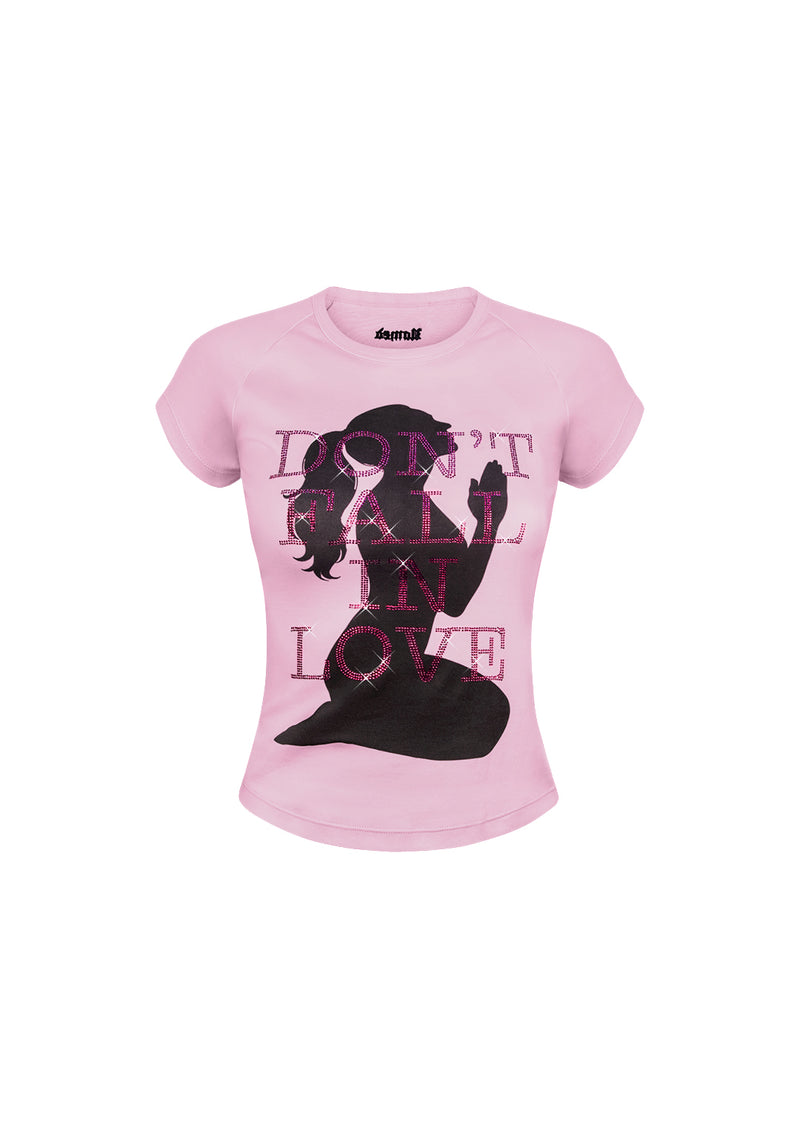 DON'T FALL IN LOVE RHINESTONE BABY TEE BABY PINK