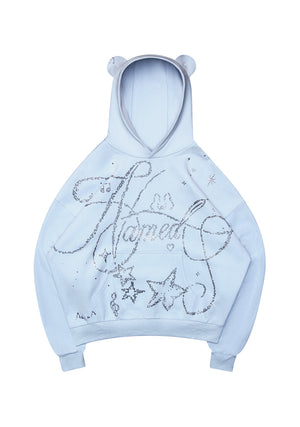 DREAMER RHINESTONE TEDDY PULLOVER HOODIE BABY BLUE